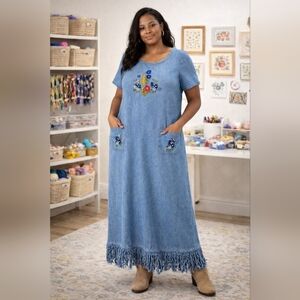 FORTUNE Embroidered Maxi Denim Dress with Fringe